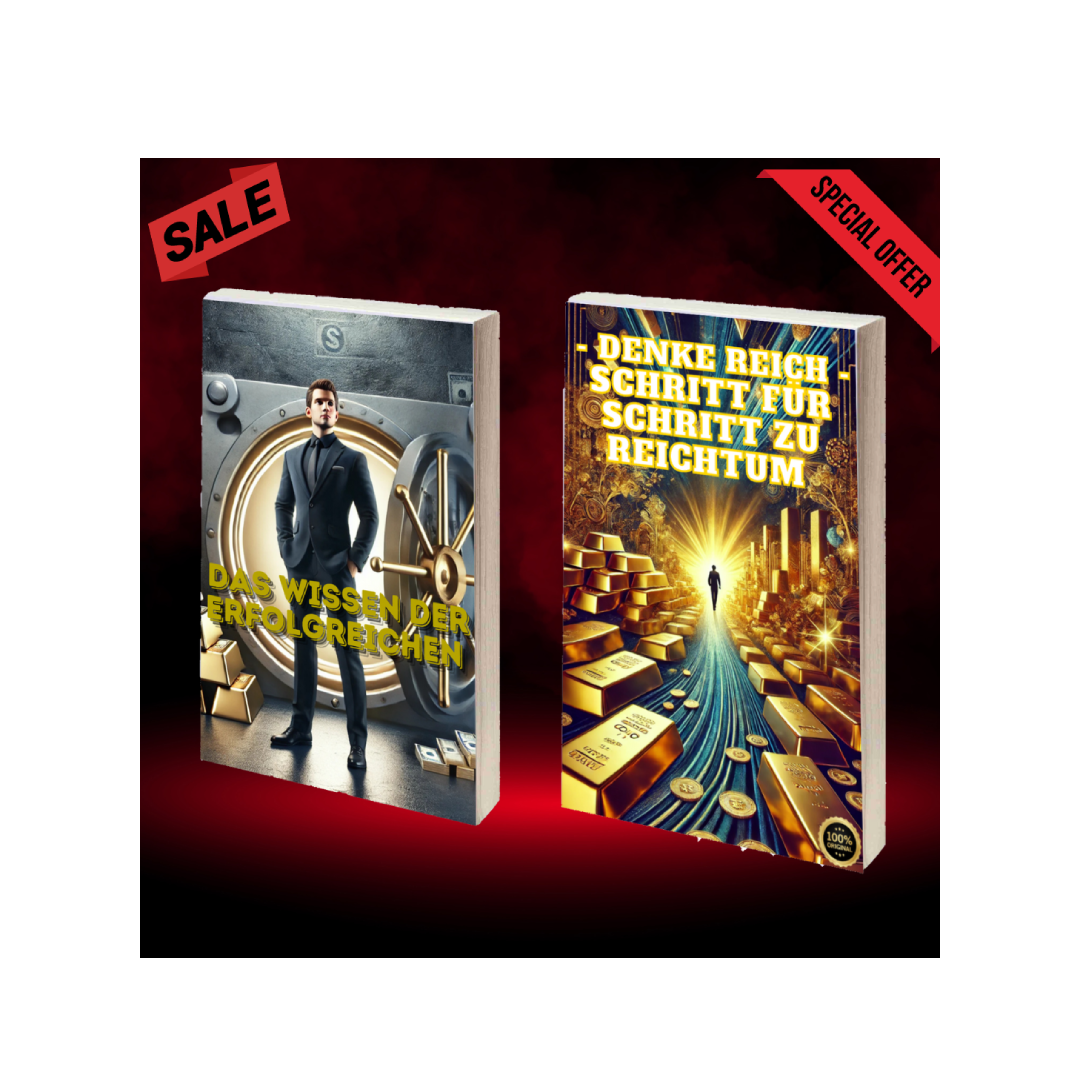 "Two books on success and wealth with sale and special offer banners on a red background."