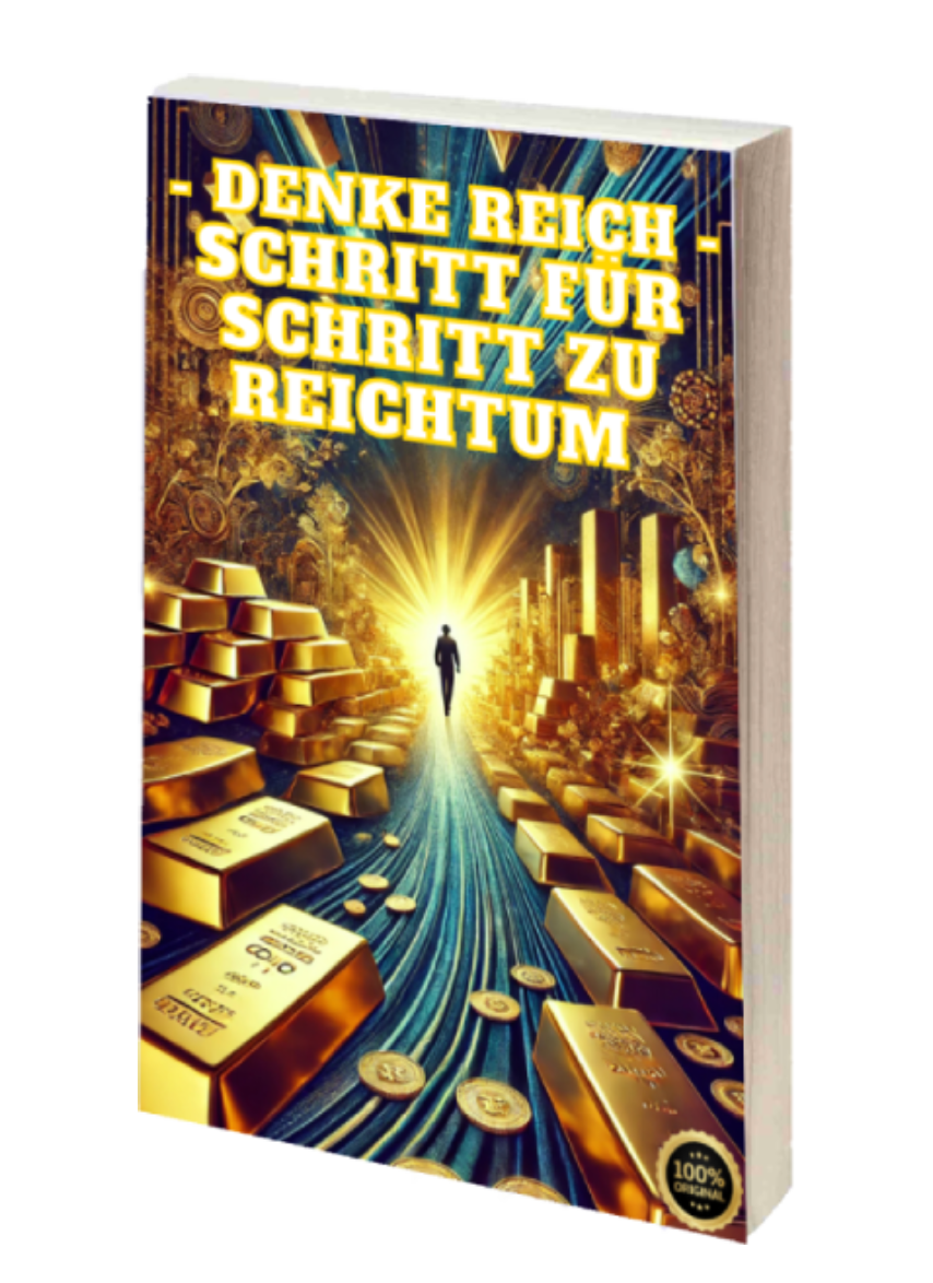 Buchcover "Denke reich: Schritt für Schritt zu Reichtum" mit goldenen Barren und einem leuchtenden Pfad zu Erfolg und Reichtum.