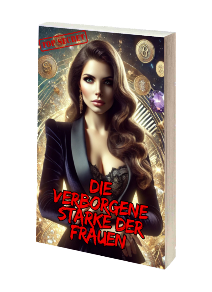 Buchcover "Die verborgene Stärke der Frauen" mit eleganter Frau und geheimnisvollen Symbolen im Hintergrund.