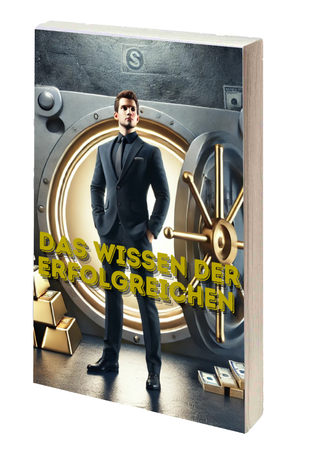Book cover of "Das Wissen der Erfolgreichen" featuring a man in a suit standing confidently by a large vault.