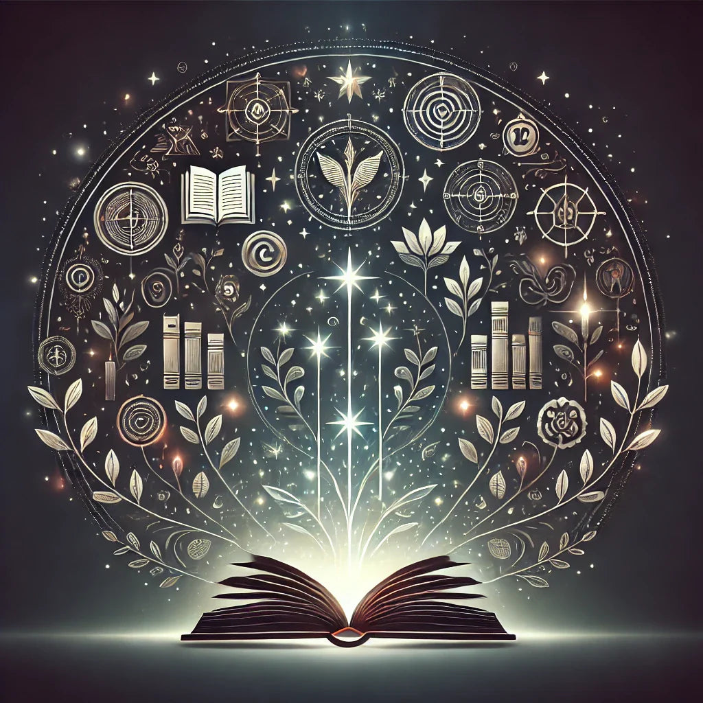 Open book with magical symbols and growing plants, symbolizing personal and professional growth through digital platforms.