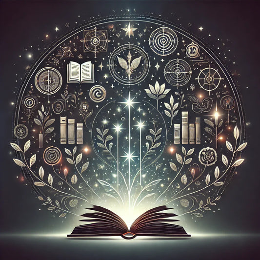 Open book with magical symbols and growing plants, symbolizing personal and professional growth through digital platforms.