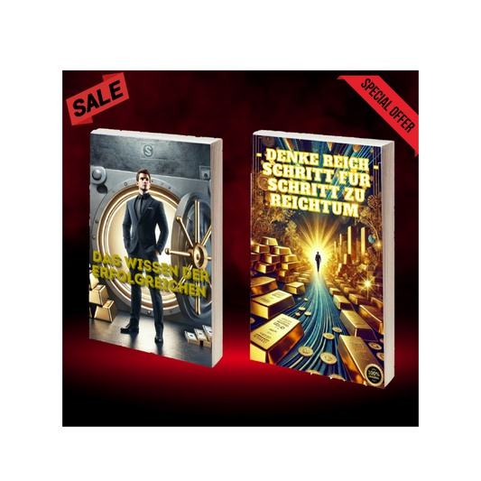 "Two books on success and wealth with sale and special offer banners on a red background."